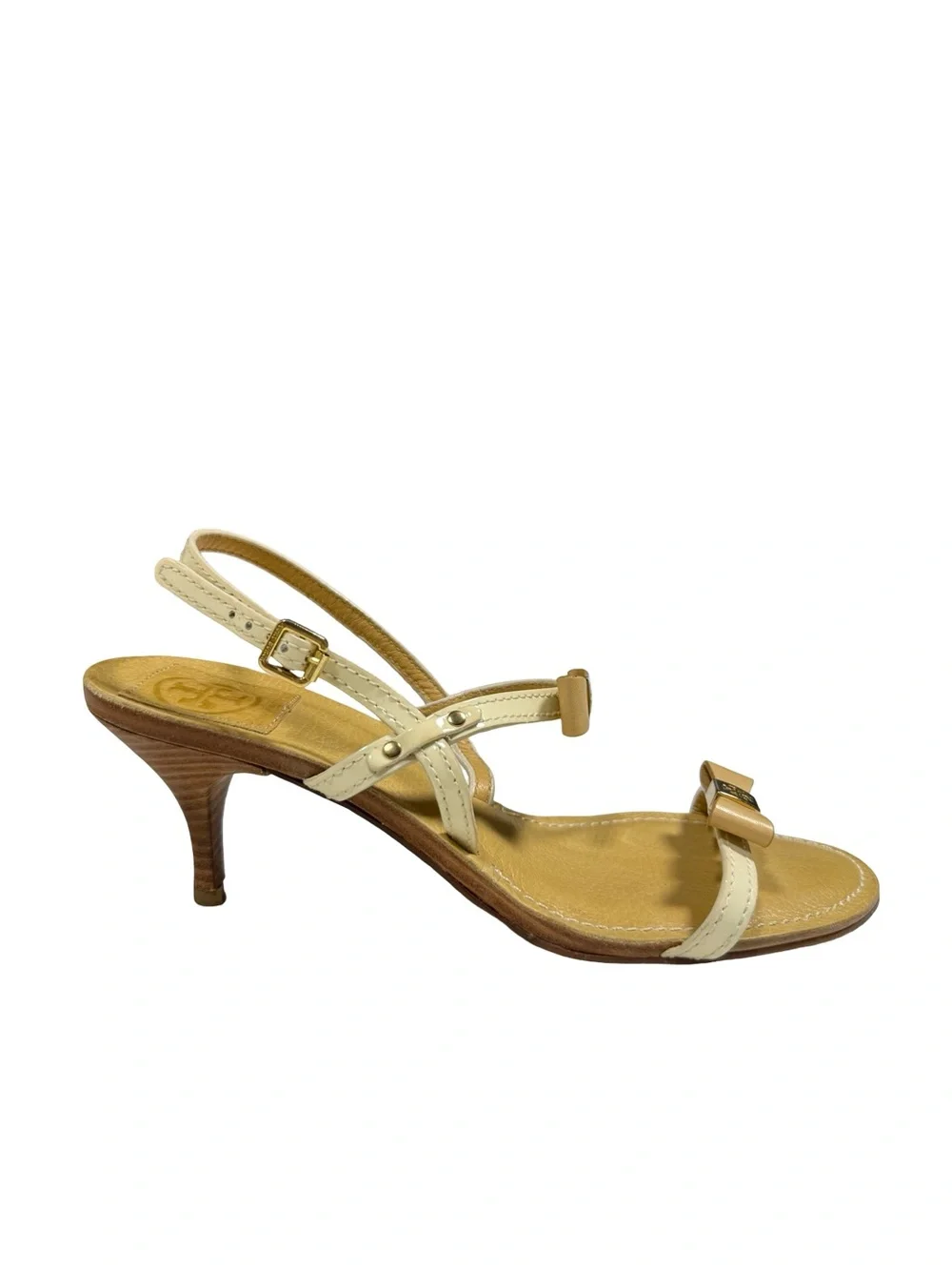Tory Burch Kailey Patent Leather Bow Sandals Womens 8.5M Cream Tan Heels